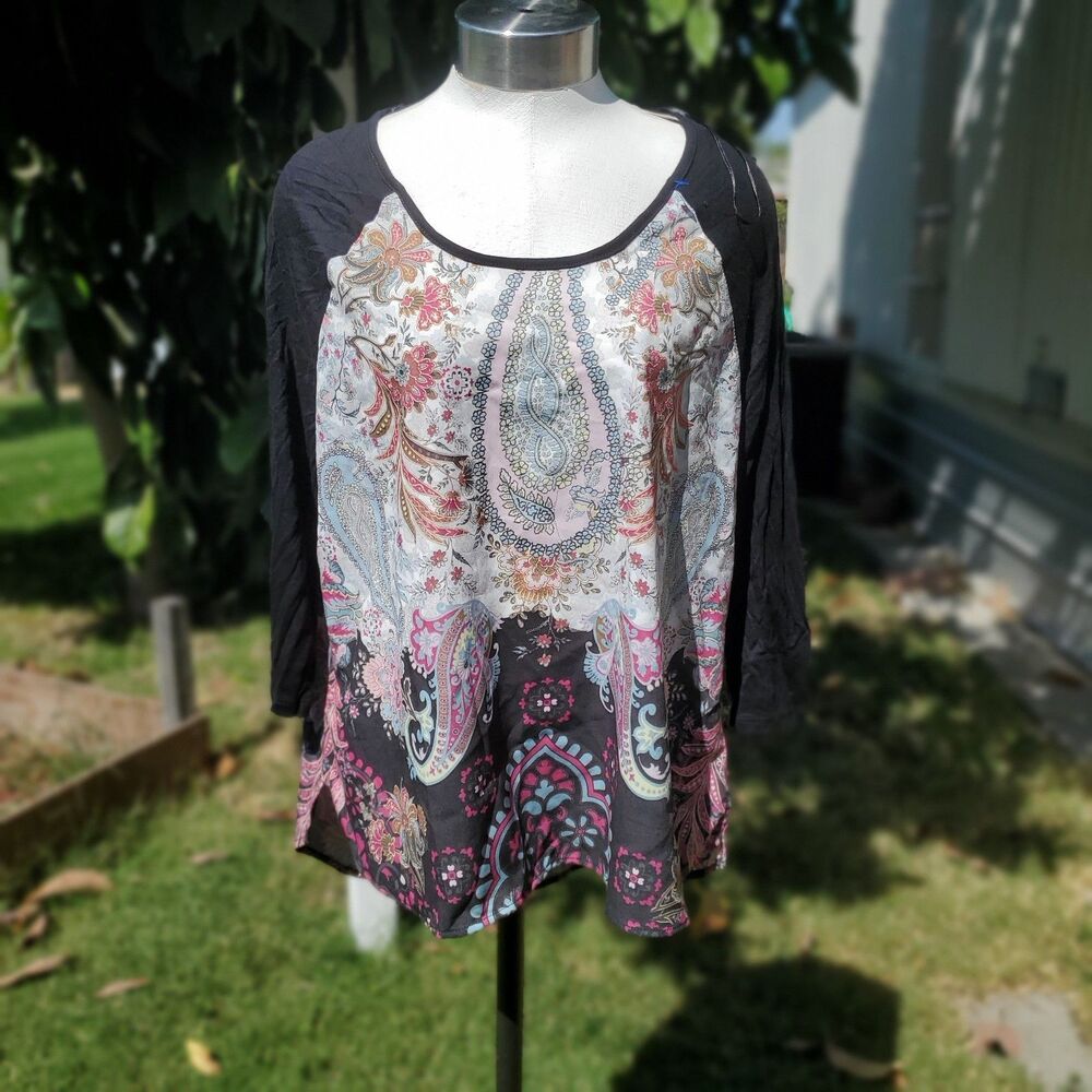 Attention Womens Large High/low Top Blouse Black Raglan Sleeve Paisley Pattern